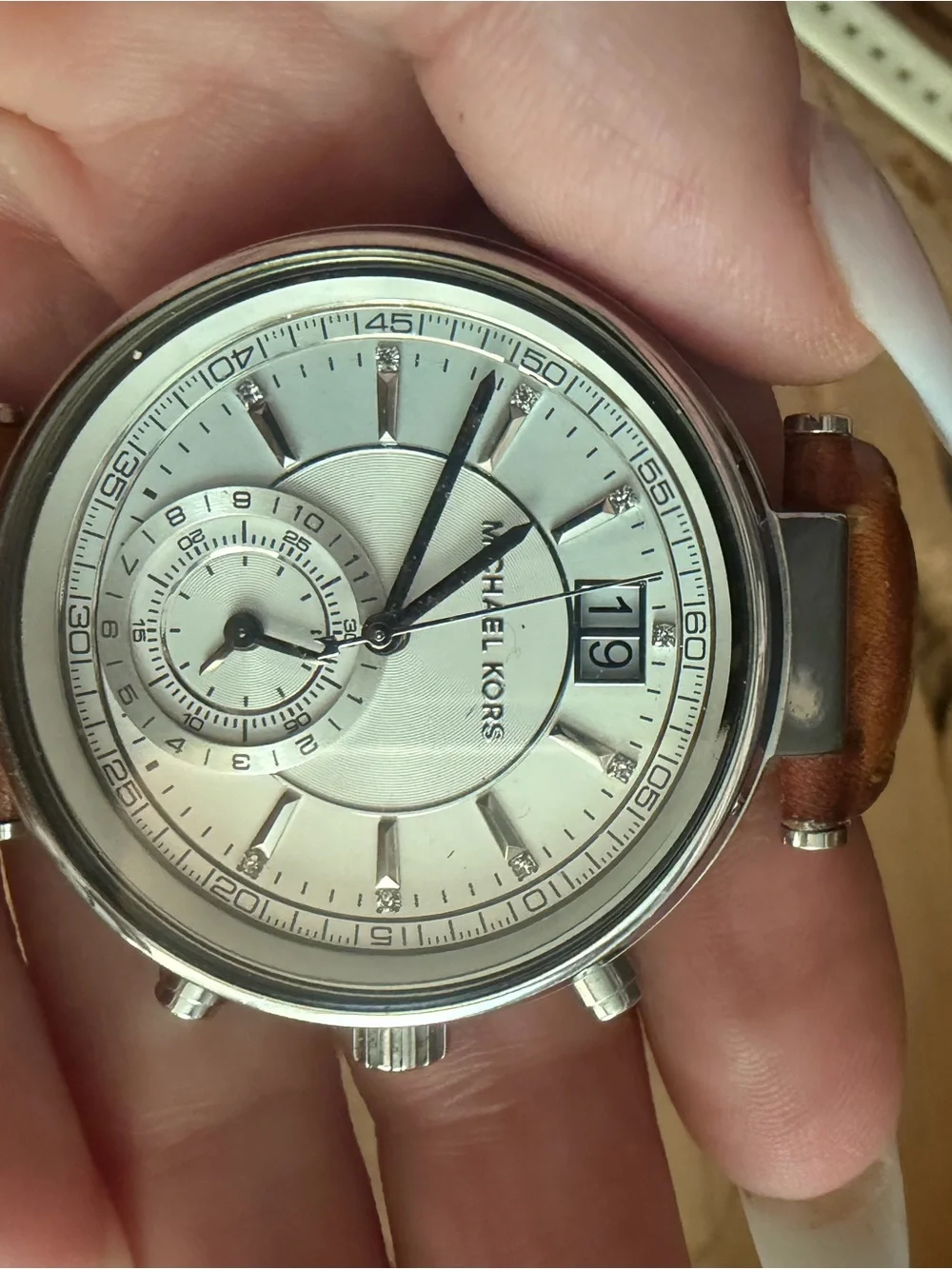 Michael Kors sawyer Silver Dial Chronograph Watch with Brown Leather Strap